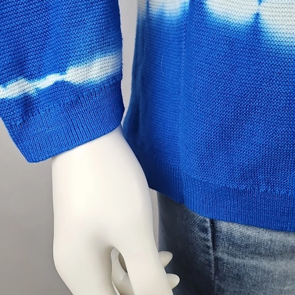 Talbots 100% Cotton Knit Blue White Tie Dye Crewneck 3/4 Sleeve Pullover Sweater